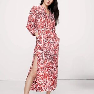Banana Republic Cotton Poplin Split Neck Shirt Dress Small Red Floral NWOT $170